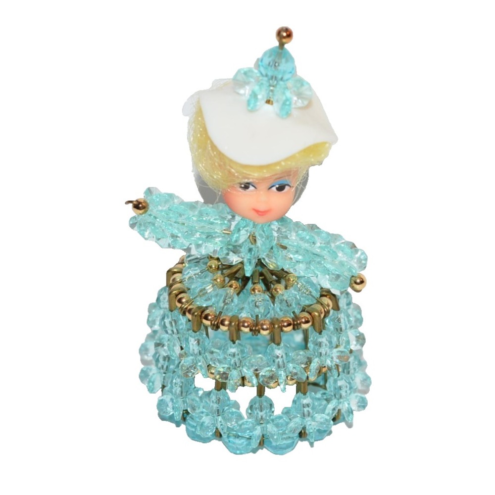 Vtg Safety Pin Art Doll Lady Baby Blue Dress Kitsch Southern Bell